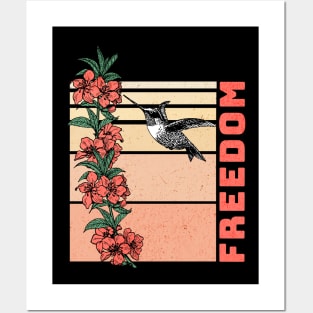 Humming Bird with Flowers Retro Sunset (Red) Posters and Art